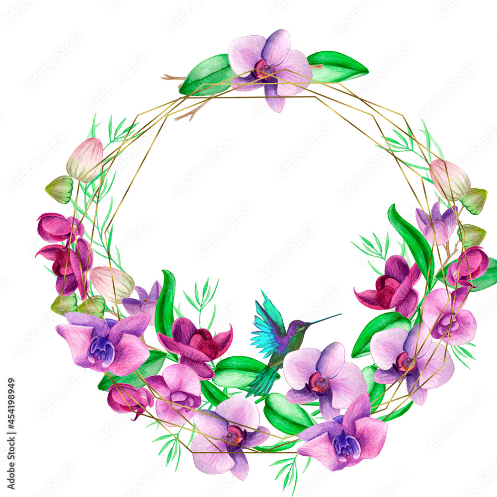  An orchid wreath of hand-painted lavender leaves and orchid flowers.Orchid floral botanical flowers. Watercolor background illustration set. Frame border ornament square clipart.banner, retro, paper.