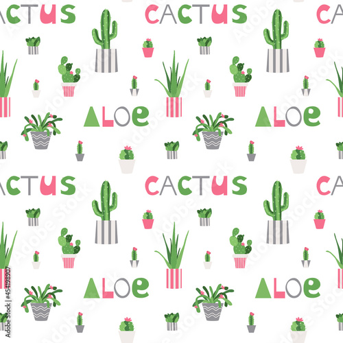  Home trees seamless background pattern. Vector illustration with text. Plants in bright pots. Cactus, aloe vera and echeveria in flat style great for paper, fabric and backdrop. Modern texture