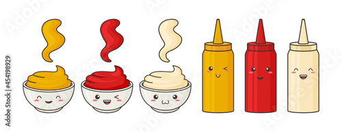 Sauce face kawaii, vector funny character bowl and bottle. Mustard, ketchup, mayonnaise pack in container. Hot spice sauce spots. Food illustration