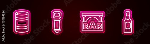 Set line Metal beer keg, Bottle opener, Street signboard with Bar and Beer bottle. Glowing neon icon. Vector