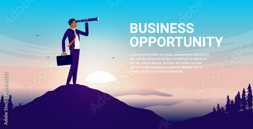 Business opportunity - Businessman with binocular on hilltop, searching for career opportunities. Vector illustration with copy space for text