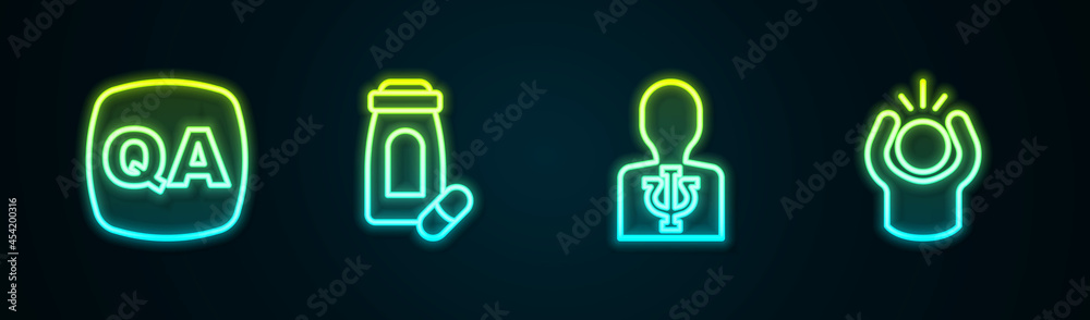 Set line Question and Answer, Sedative pills, Psychology, Psi and Anger. Glowing neon icon. Vector Set line Question and Answer, Sedative pills, Psychology, Psi and Anger. Glowing neon icon. Vector