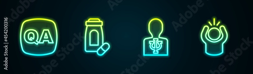 Set line Question and Answer, Sedative pills, Psychology, Psi and Anger. Glowing neon icon. Vector