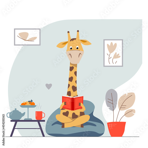 Cute cartoon giraffe sitting on a soft chair and reading book. Funny child animal at home. Cozy room for rest. Serving table with teapot, cup and candies.