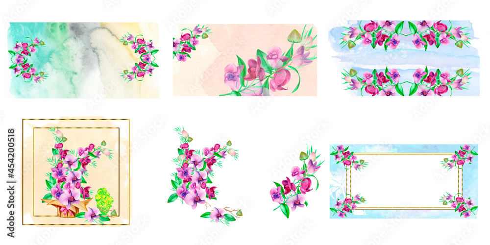  An orchid wreath of hand-painted lavender leaves and orchid flowers.Orchid floral botanical flowers. Watercolor background illustration set. Frame border ornament square clipart.banner, retro, paper.