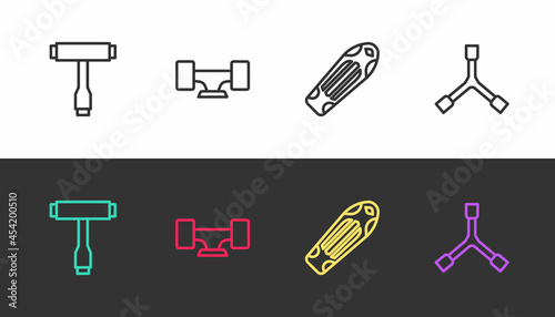 Set line Skateboard T tool, wheel, deck and Y-tool on black and white. Vector