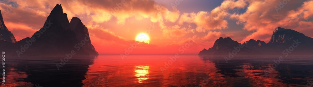 Beautiful sea sunset among the rocky islands