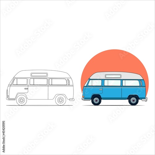 Bus, car color book page design for kids. Minibus, car running design on a white background. Kids color book page design with a minibus, car drawing book.