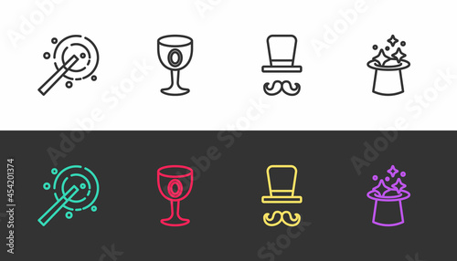 Set line Magic wand, Medieval goblet, Magician and hat on black and white. Vector