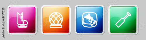 Set line Skates, Montreal Biosphere, Canada map and Paddle. Colorful square button. Vector