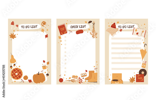 To do planner template. Daily check list cozy autumn vibes. Autumn trendy organizer elements. Harvest festival and thanksgiving day concept. Vector illustration in cartoon style. Isolated background