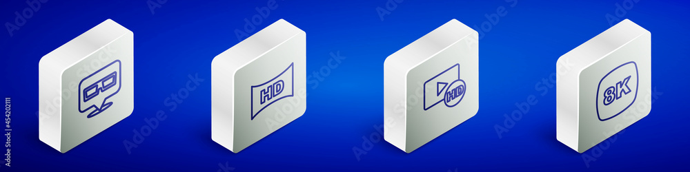 Set Isometric line 3D cinema glasses, Hd movie, tape, frame, and 8k Ultra HD icon. Vector Set Isometric line 3D cinema glasses, Hd movie, tape, frame, and 8k Ultra HD icon. Vector