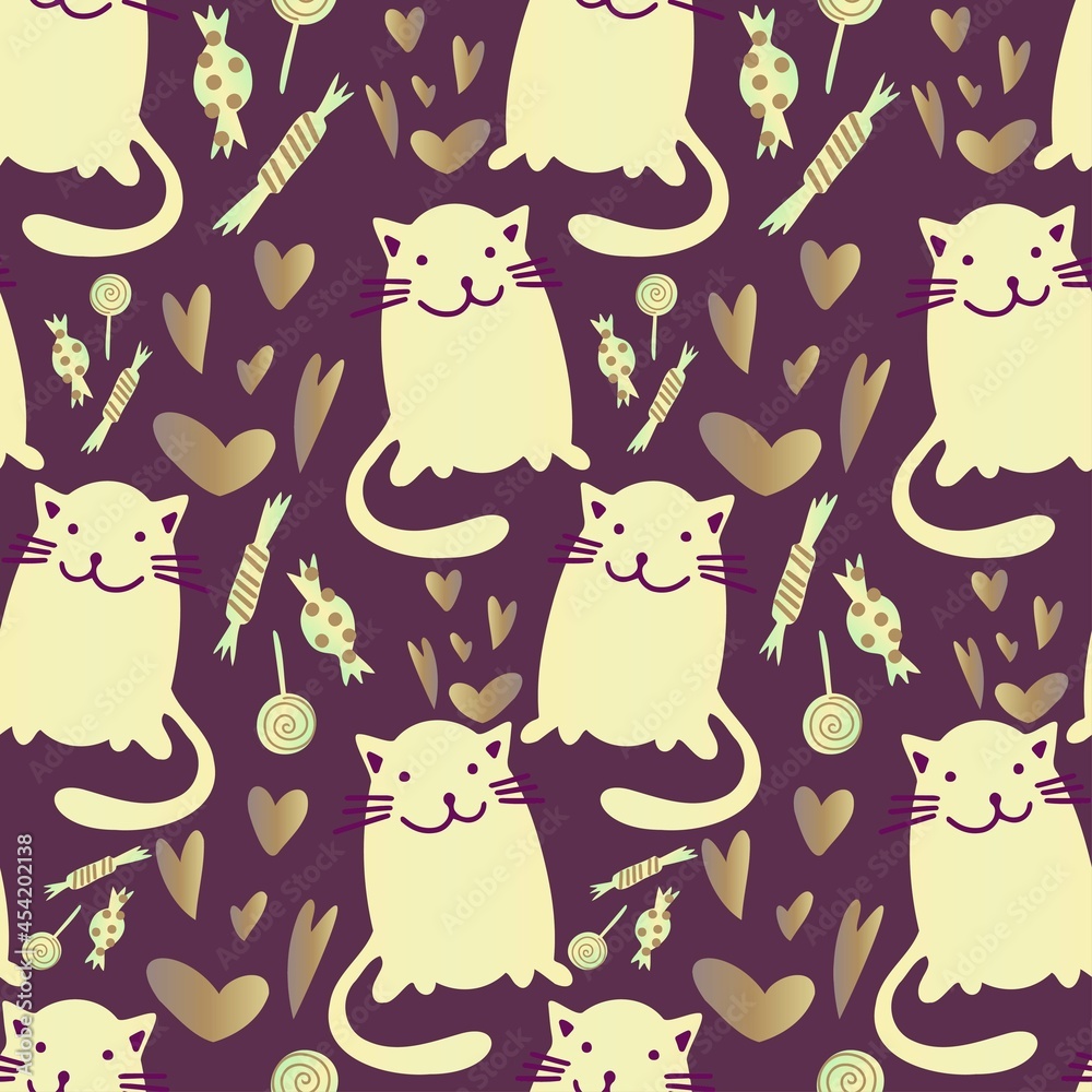 Vector seamless pattern cartoon decorative design cute cats in pastel tones with hearts