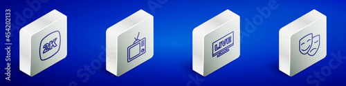 Set Isometric line 2k Ultra HD, Retro tv, Live stream and Comedy and tragedy masks icon. Vector
