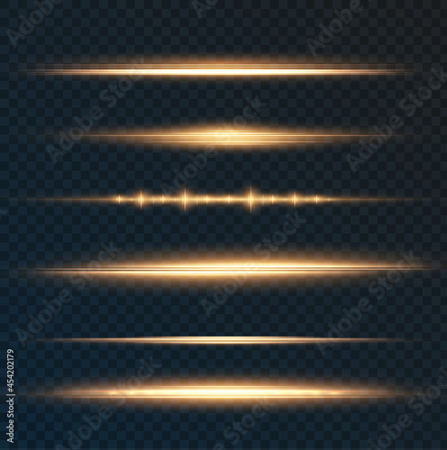 Light rays of light horizontal golden color with glare and flashes isolated on a transparent background. Festive set light laser abstract. Collection effect light gold line png. 