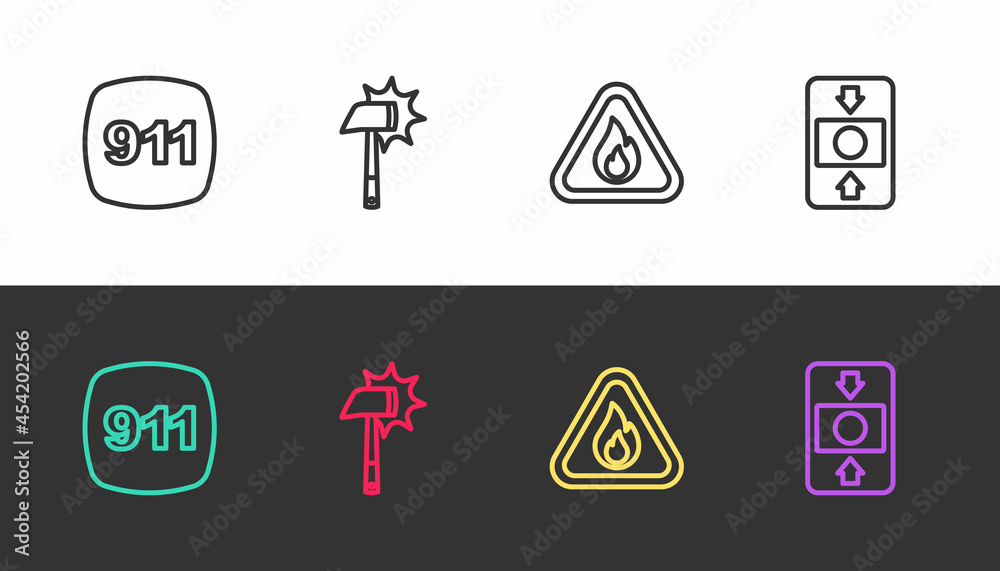 Fototapeta premium Set line Emergency call 911, Firefighter axe, flame in triangle and alarm system on black and white. Vector