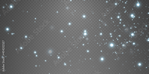 Christmas background. Powder dust light white PNG. Magic shining white dust. Fine  shiny dust particles fall off slightly. Fantastic shimmer effect.