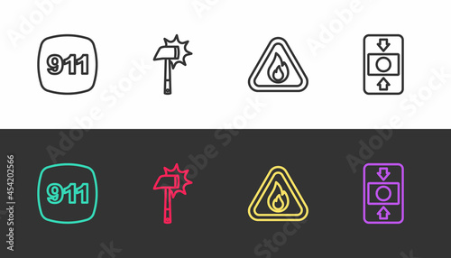 Set line Emergency call 911, Firefighter axe, flame in triangle and alarm system on black and white. Vector