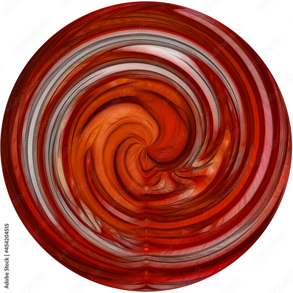 Red, round texture on a white background. Isolated 3D image of a circular vortex with white stripes. Red, round texture on a white background. Isolated 3D image of a circular vortex with white stripes.