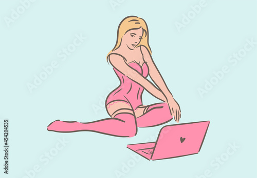 Woman webcam model sitting in lingerie broadcast with laptop