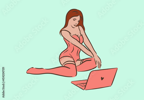 Woman webcam model sitting in lingerie broadcast with laptop