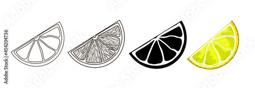 Set of four lemon slices - outline, doodle style, cartoon and black silhouette of lemon. Stock vector illustration isolated on a white background.
