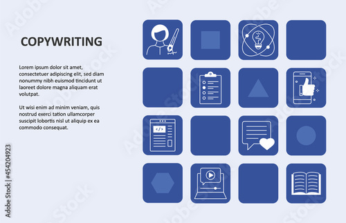 Vector banner infographics copywriting. Square geometric design icons. Author, typing book magazine computer keyboard publication education. Letter target patent note video idea audience storytelling photo