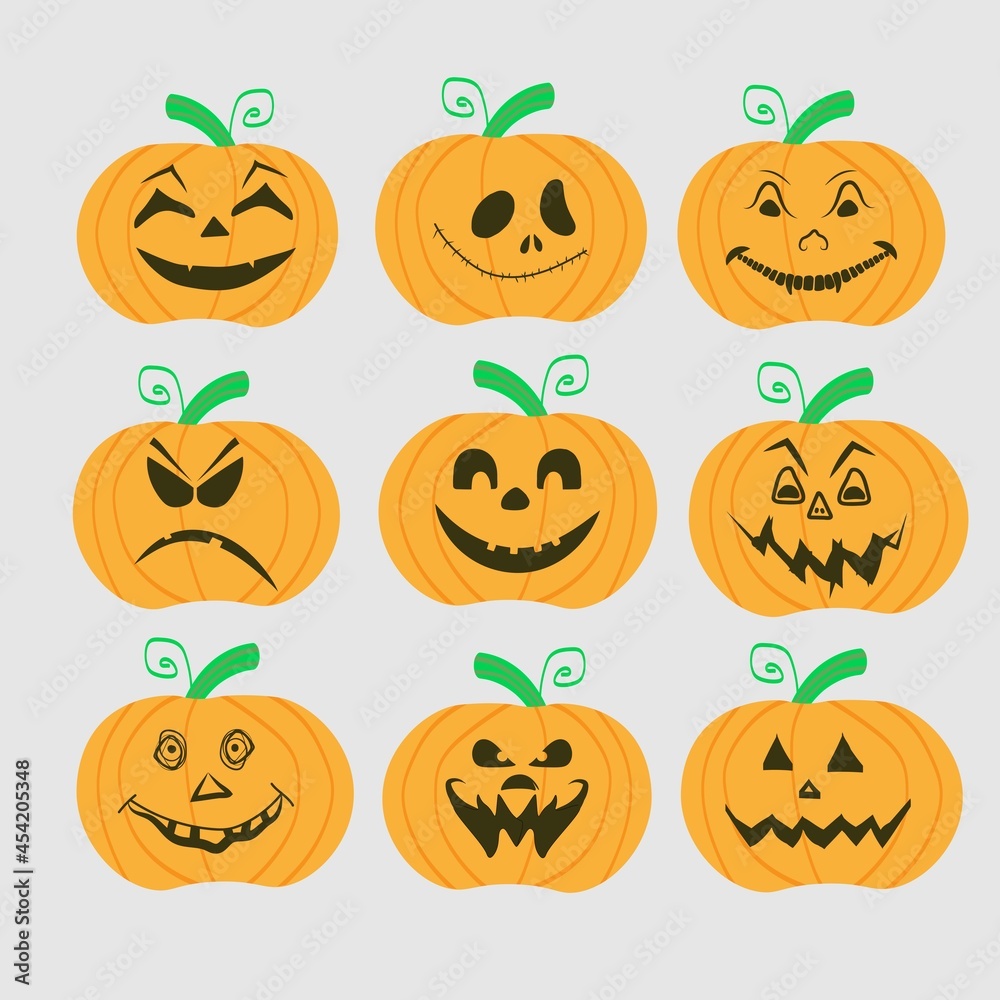 set of orange pumpkins with different scary and funny faces for Halloween, icons with different creepy pumpkins set of orange pumpkins with different scary and funny faces for Halloween, icons with different creepy pumpkins