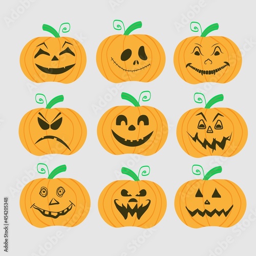 set of orange pumpkins with different scary and funny faces for Halloween, icons with different creepy pumpkins