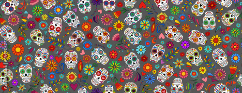 Day of the dead sugar skull pattern. Dia de los muertos print. Day of the dead and mexican Halloween. Mexican tradition  festival texture. Dia de los Muertos tattoo skulls on black background.