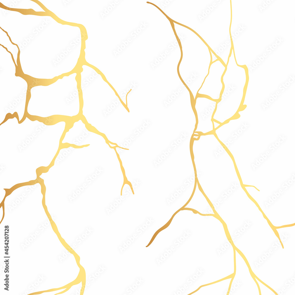 Gold kintsugi crack vector card on white background. Golden texture.