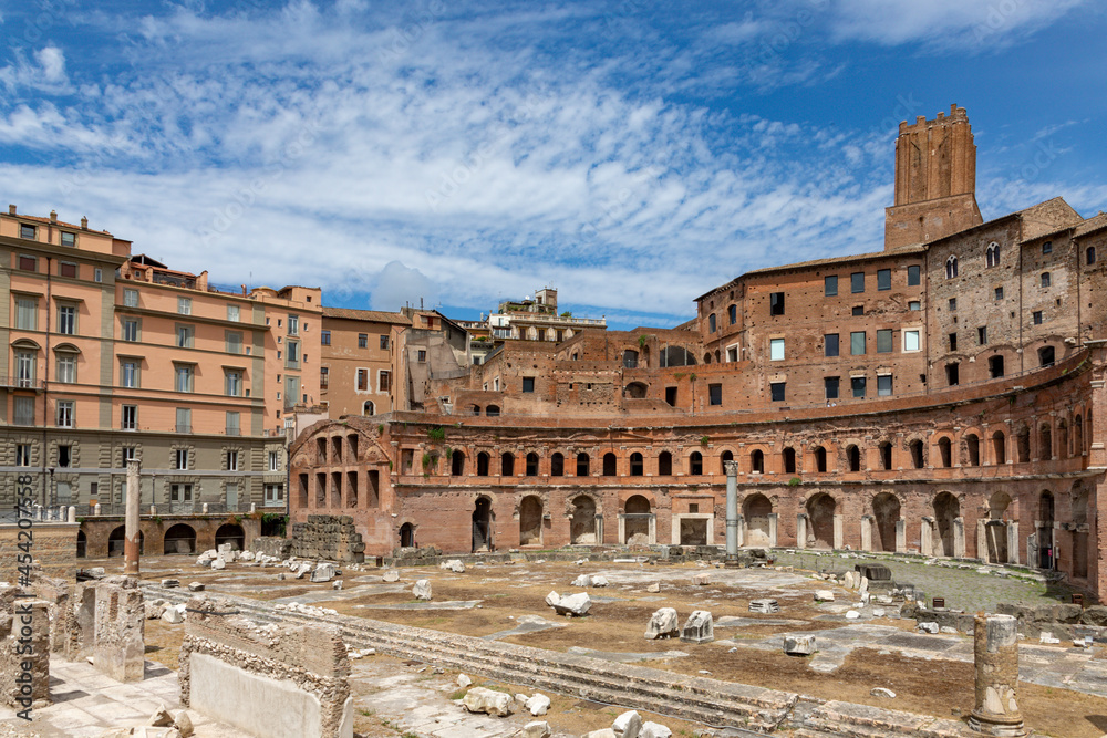 panoramic view at via dei Fori imperati with the antique rome with forum romanum ,the archaelogical sites and the forum of Augustus