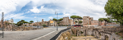 panoramic view at via dei Fori imperati with the antique rome with forum romanum and the archaelogical sites and the altar of fatherland