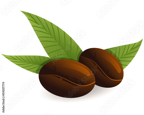 Vector coffee grains on a white background. Coffee beans label with leaves design organic assorted badges, green and brown coffee. Use for postcards, posters, banners, web designs. Vector illustration