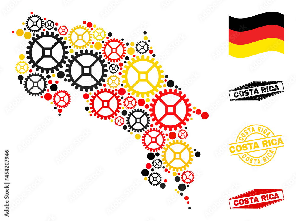 Industrial Costa Rica map collage and stamps. Vector collage is created of cog elements in various sizes, and Germany flag official colors - red, yellow, black.