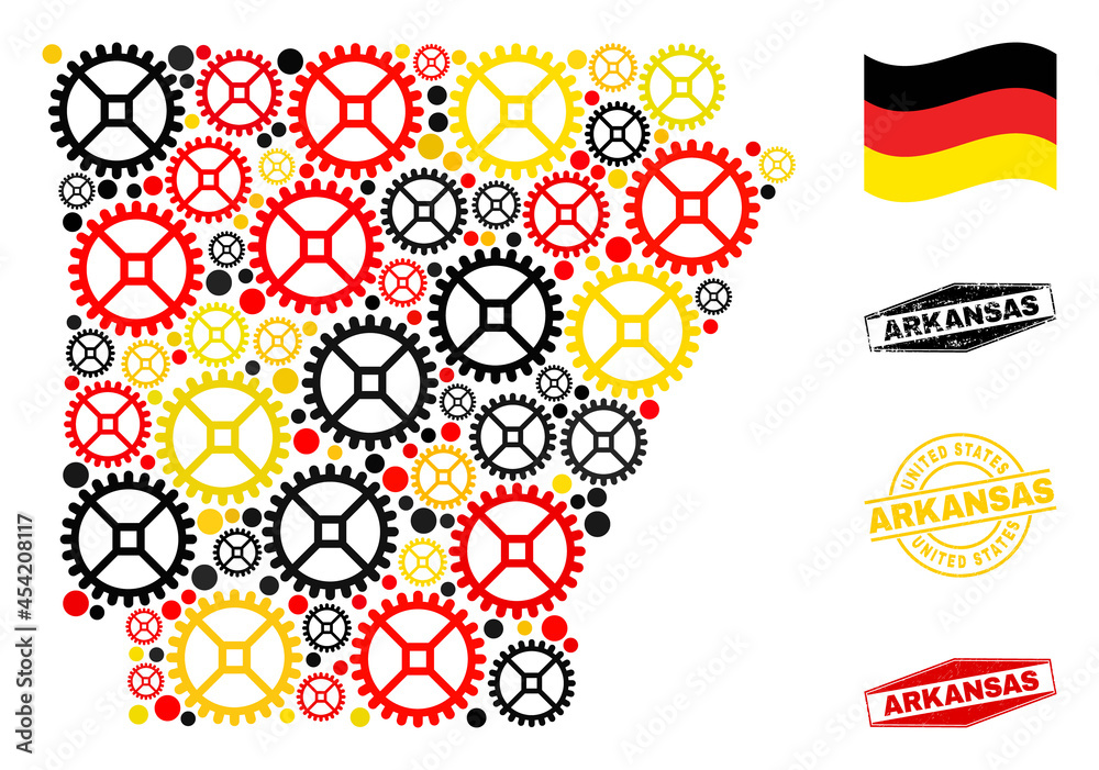 Service Arkansas State map collage and seals. Vector collage is composed with wheel elements in various sizes, and Germany flag official colors - red, yellow, black.