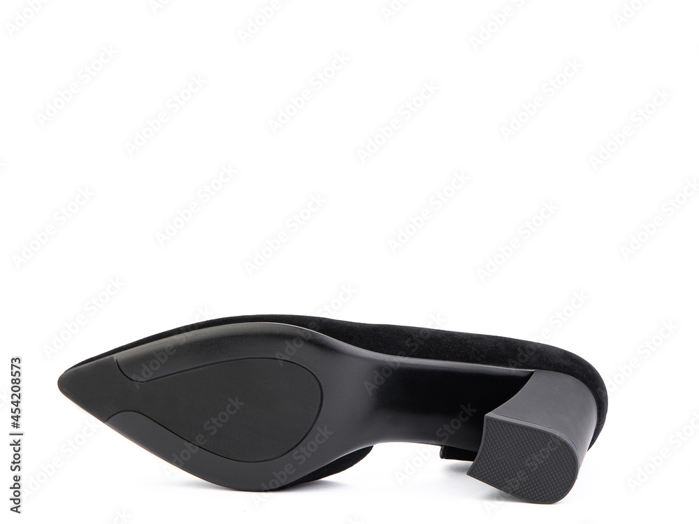 Classic and elegant suede high-heeled women shoes. Stylish black shoes on high block heels and with a pointed toe. Isolated object close up on white background. Shoe sole view. Fashion shoes. Classic and elegant suede high-heeled women shoes. Stylish black shoes on high block heels and with a pointed toe. Isolated object close up on white background. Shoe sole view. Fashion shoes.