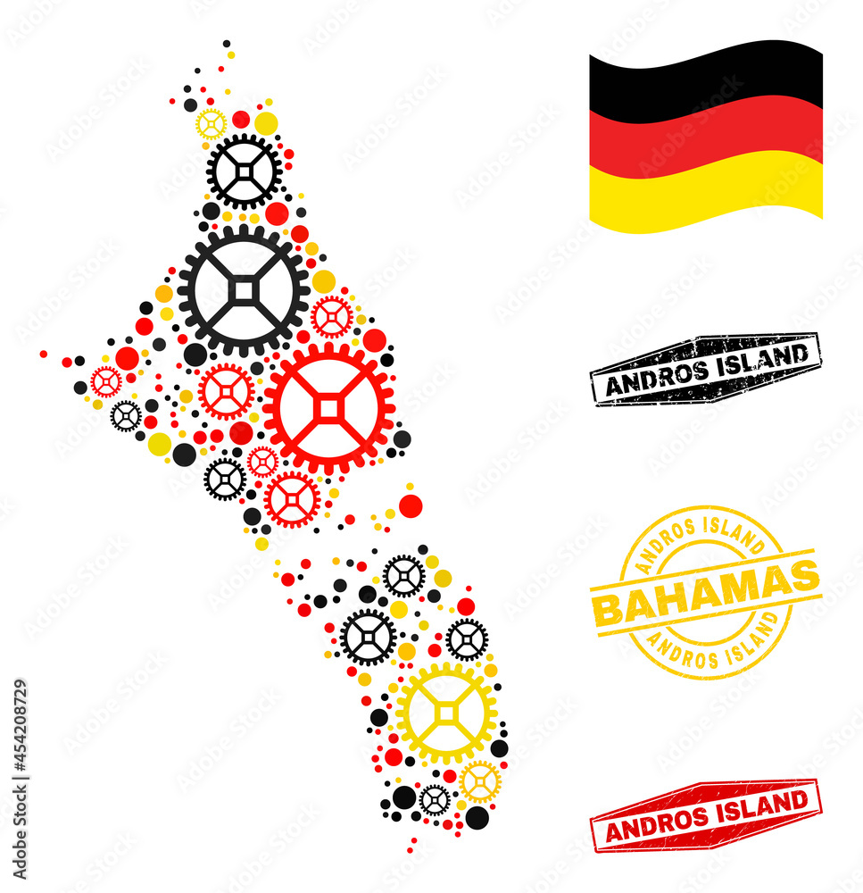 Cog Andros Island of Bahamas map mosaic and seals. Vector collage is composed from cog elements in various sizes, and Germany flag official colors - red, yellow, black.
