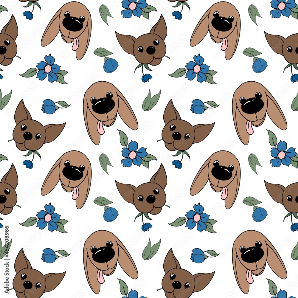 Obraz premium Seamless pattern with dogs and flowers. Design for fabric, textile, wallpaper and packaging 