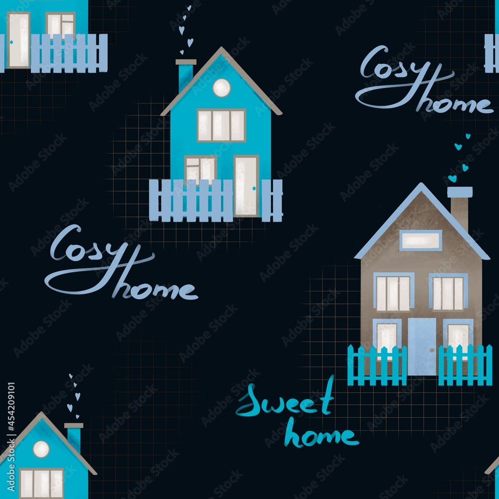 Seamless pattern with houses and words. Digital design for packaging, wallpaper, fabric and textile 