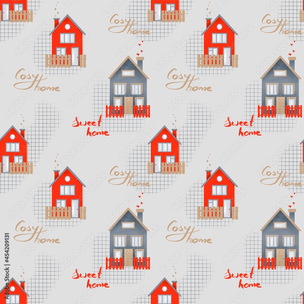 Digital seamless pattern with houses and words. Cozy home design for wallpaper, packaging, fabric and textile 