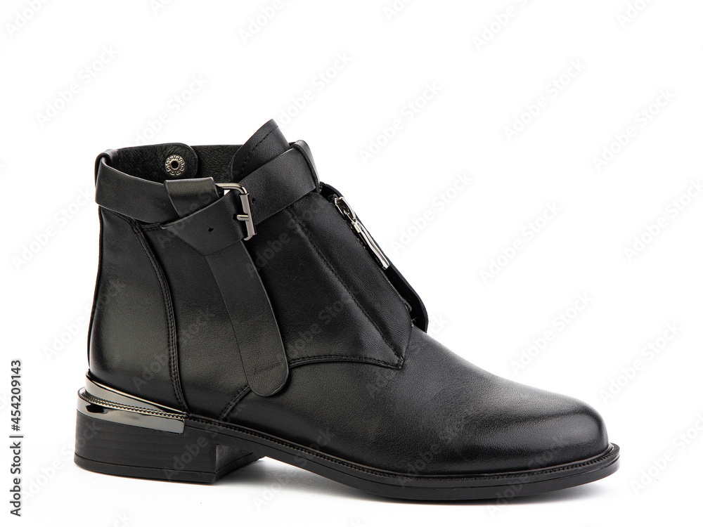 Women's autumn black leather jodhpur boots, isolated white background. Right side view. Fashion shoes. Photoshoot for shoe shop concept. Women's autumn black leather jodhpur boots, isolated white background. Right side view. Fashion shoes. Photoshoot for shoe shop concept.