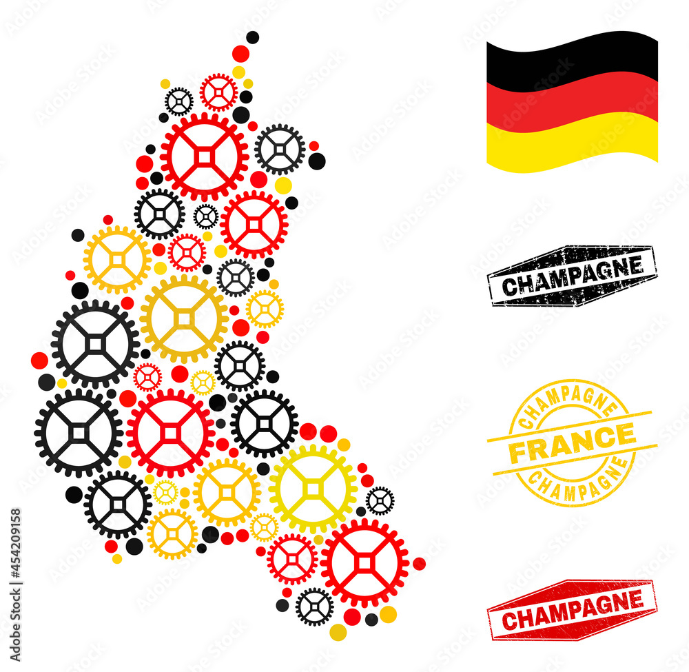 Cog Champagne Province map collage and seals. Vector collage is composed with cog icons in variable sizes, and German flag official colors - red, yellow, black.