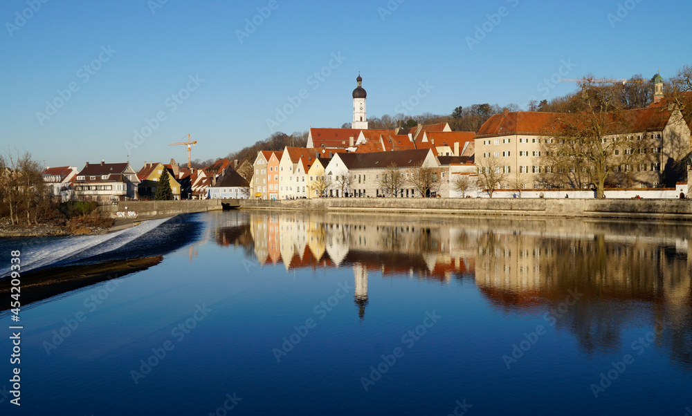 Beautiful, quaint, ancient Bavarian town Landsberg on Lech on a clear, sunny winter day with blue sky (Bavaria, Germany)	