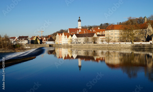 Beautiful, quaint, ancient Bavarian town Landsberg on Lech on a clear, sunny winter day with blue sky (Bavaria, Germany) 