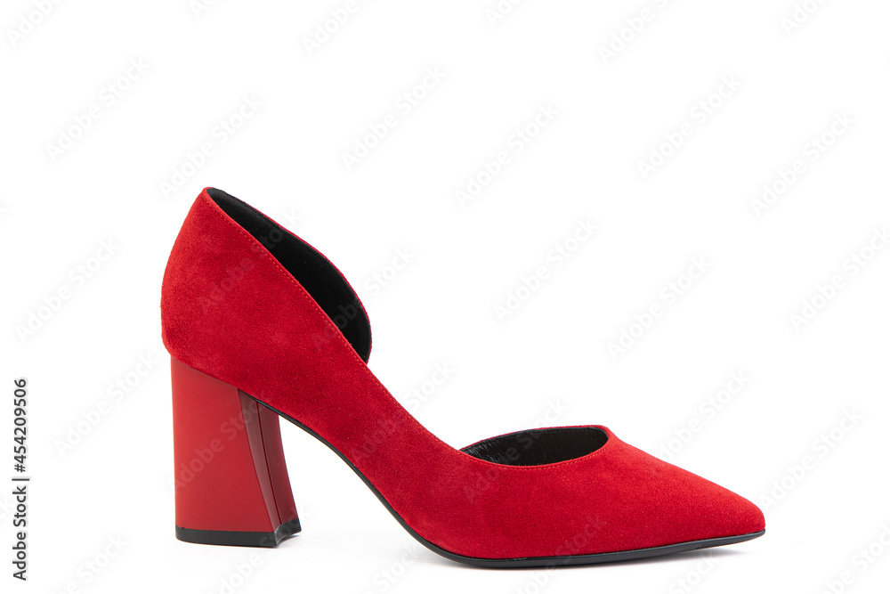 Classic and elegant suede high-heeled women shoes. Stylish red shoes on high block heels and with a pointed toe. Isolated object close up on white background. Right side view. Fashion shoes.