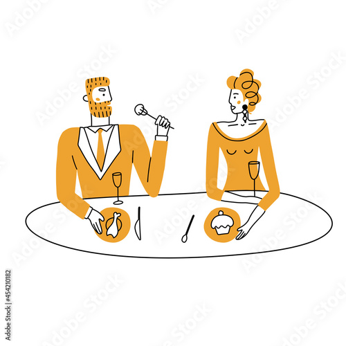 Romantic couple having dinner at the restaurant on valentine day. Couple dating concept. Color doodle vector illustration. Elegant Man and woman having a lunch.