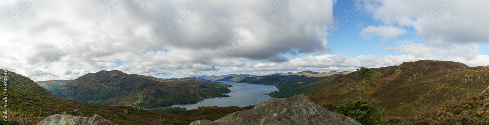 Panorama of Loch Katrine from Ben A'an in Loch Lomond and Trossachs National Park, Scotland, United Kingdom