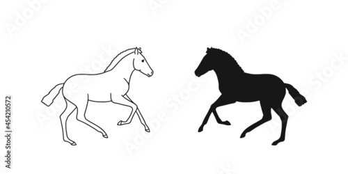 Galloping pony colt  cector line art and silhouette