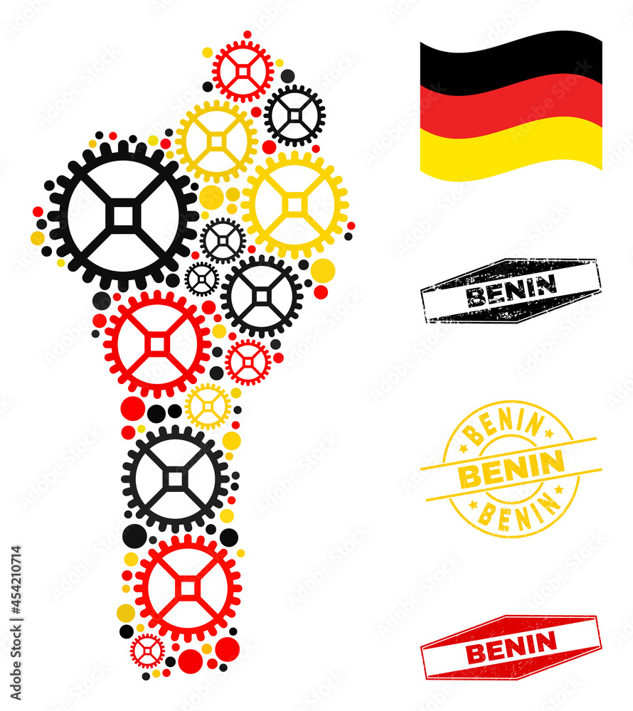 Service Benin map collage and seals. Vector collage is created with service icons in various sizes, and German flag official colors - red, yellow, black. Service Benin map collage and seals. Vector collage is created with service icons in various sizes, and German flag official colors - red, yellow, black.
